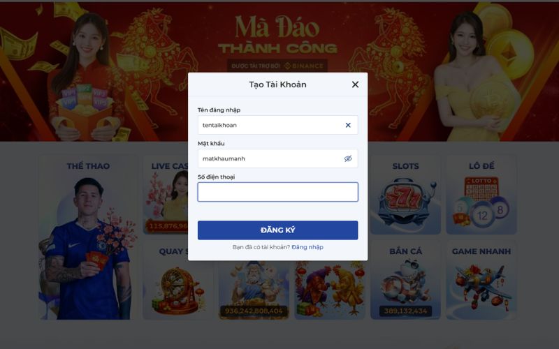 Giao diện đăng ký và đăng nhập tài khoản nhà cái